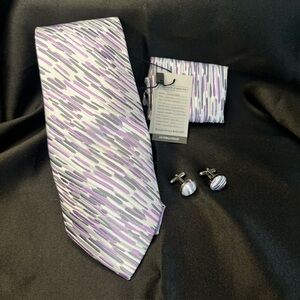 NWT- Silk Purple & Gray Silk Tie Set with Cufflinks -